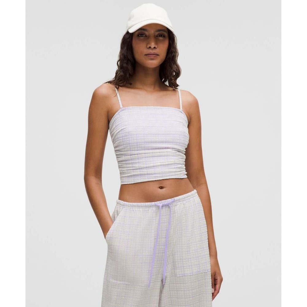 Lululemon Seersucker Check Strappy Tank Top Women Med. Lilac Purple Suede Shirt‎